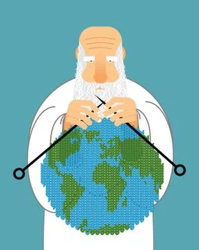 God Making Earth. Knitting World. Establishment of wool on planet. Grandfathe Stock Illustration