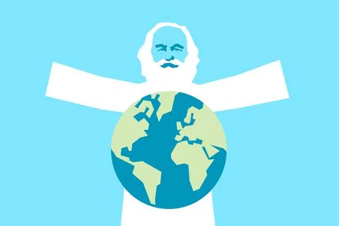 God as old bearded man on the sky - The creator is creating planet Earth. Cre Stock Illustration