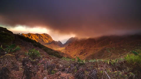 God Ray Storm Sunset in Masca Ravine – Tenerife 4K ProRes Timelapse Stock Footage 322663932
