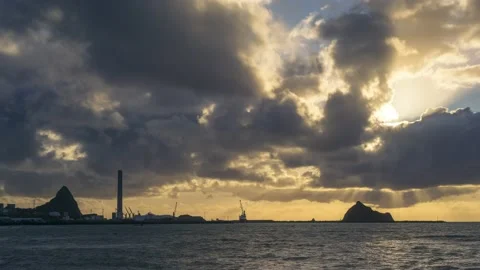 God Rays, Mountain, Boat and Island Timelapse Stock Footage