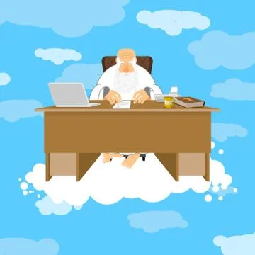 God sitting in office. Almighty of work place in heaven. Grandfather with b.. Illustration
