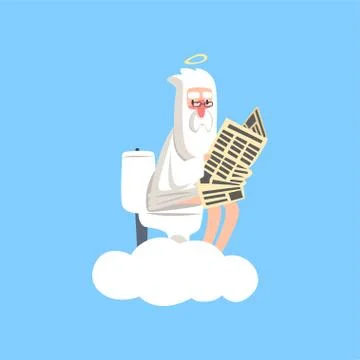 God on white cloud with halo over his head sitting on the toilet and reading Stock Illustration