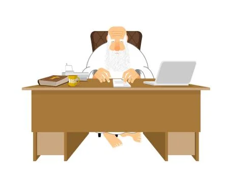 God work . Almighty for working place. omnipotent  at work desk. Laptop and.. Illustrazione stock