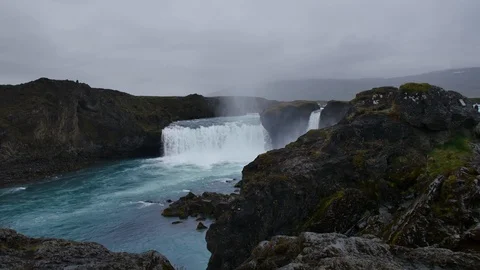 Godafoss waterfall on cloudy, rainy day, Iceland. Video stock 112407516