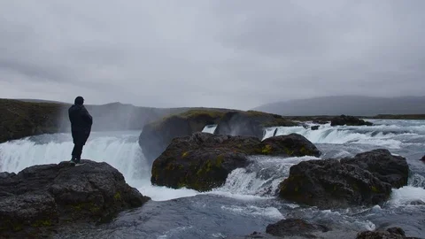 Godafoss waterfall on cloudy, rainy day, Iceland. Stock Footage 112408099