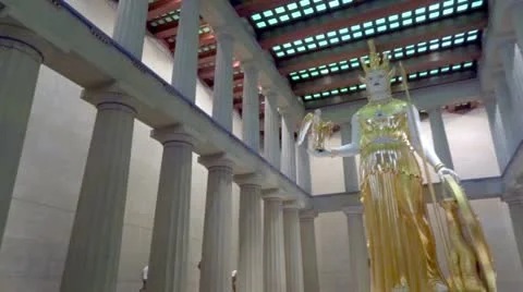 Goddess Athena 2 HD Statue in Parthenon with Columns and Golden Clothing Stock Footage