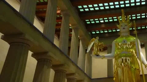 Goddess Athena 3 HD Statue in Parthenon with Columns and Golden Clothing Stock Footage 21829232