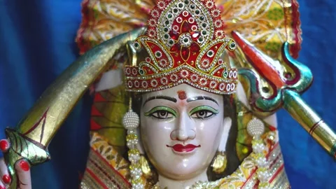 Goddess Durga Close-Up Face Idol Representing Power, Protection and Divine .. Stock Footage 326360505