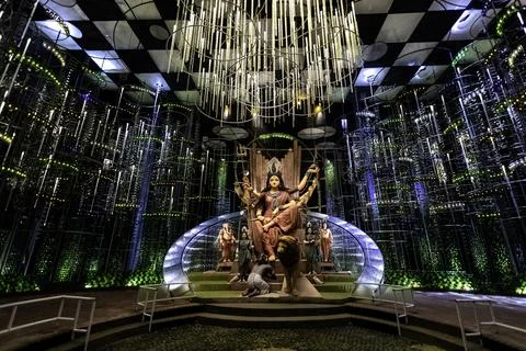 Goddess Durga devi idol decorated at puja pandal in Kolkata, West Bengal, I.. Stock Photos