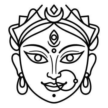 Goddess Durga face line art illustration Hindu deity religious symbol. Stock Illustration