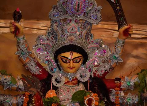 Goddess Durga idol front angle shot Stock Photos