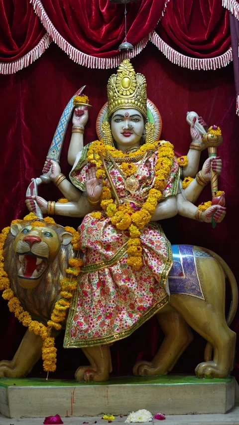Goddess Durga Idol Seated on Lion in Temple Decoration Stock Footage 336884709