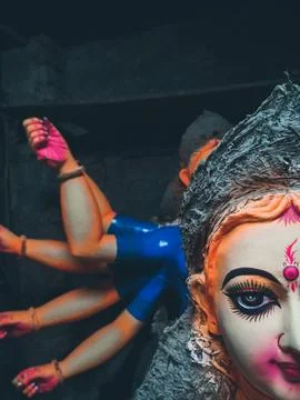 Goddess Durga Maa half face , making of durga puja , durga idol bangladesh. Stock Photos