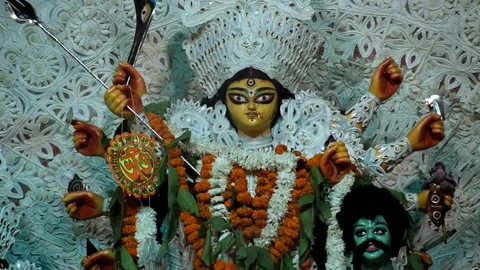 Goddess Durga with traditional look in close up view at a South Kolkata Durga Stock Footage 202057678