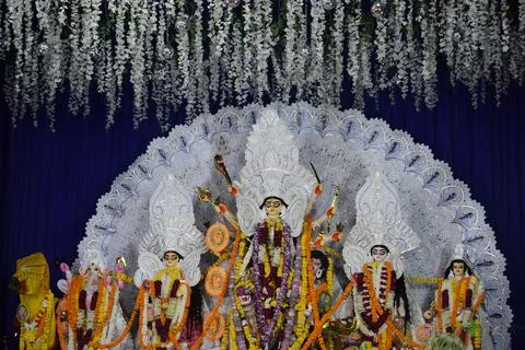 Goddess Durga with traditional look in close up view at a South Kolkata Dur.. Stock Photos