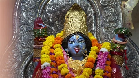 Goddess Kali idol with blue face decorated with marigold flower garlands du.. Stock Footage 346729859