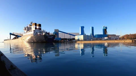 Goderich Salt Mine With Bulk Carrier Ship Stock Footage 142915627