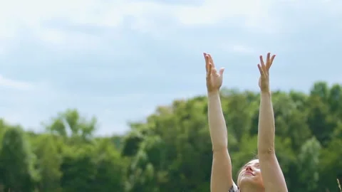 God's prayer with stretched out hands up to sky, woman at nature asks God help Stock Footage 96716367