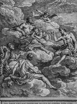 The gods wanting to instruct a son of Jupter, Fables de la Fontaine, publishe Stock Illustration