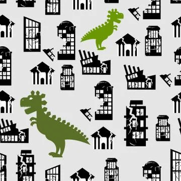 Godzilla destroys  city seamless pattern. Great Monster breaks down building. Illustrazione stock