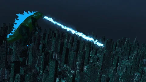 Godzilla with flames destroys the city 3D Stock Footage 256702178