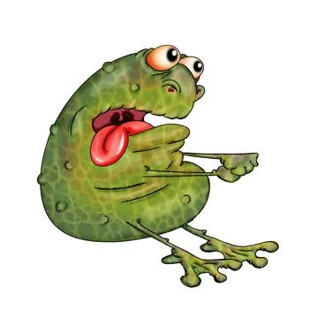 A goggle-eyed toad pulling an imaginary object. Illustration on white backgro 스톡 일러스트