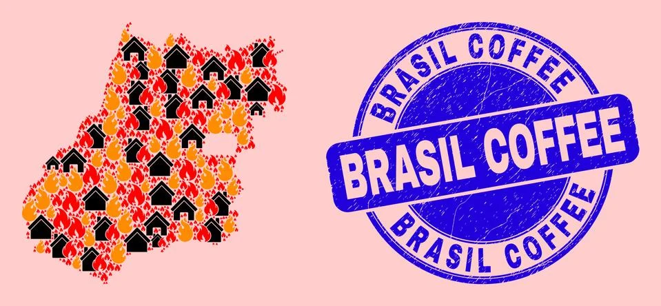 Goias State Map Collage of Fire and Homes and Textured Brasil Coffee Seal Stamp Ilustração Stock