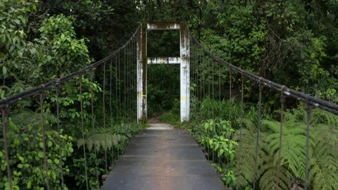 Going backwards over a large metal pedestrian bridge revealing the river Stock Footage 151279177