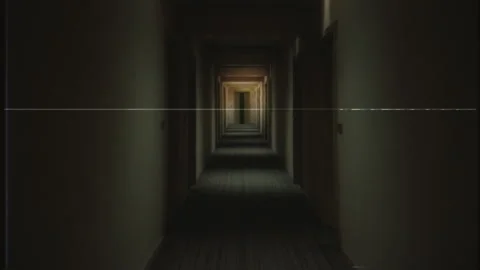Going In Dark Corridor Old VHS Texture Eerie Hallway Retro Style Tracking Shot Stock-Footage 263354667