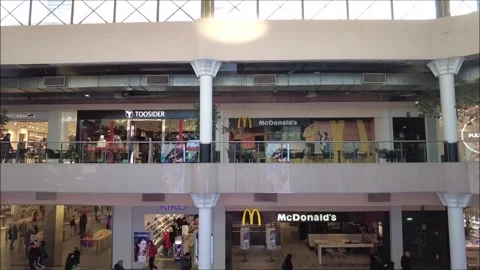 Going down in an elevator inside a shopping mall before Christmas Stock Footage 295885488