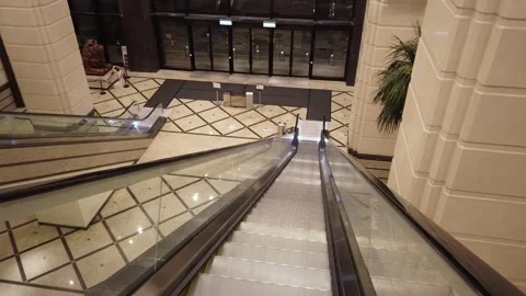 Going Down Escalator Commercial Building Night Time No People Stock Footage 228903435
