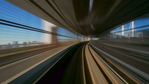 Going by fast train, hyper lapse of futuristic automated train in Tokyo, Japan 스톡 동영상 228540088