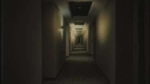 Going In Hotel Corridor Old VHS Texture Dark Hallway Retro Style Tracking Shot Stock Footage 263354144