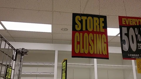 Going out of Business - Store Closing Signs - Sale - Pan Stock Footage 92449448