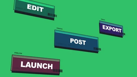 On GOING_LIVE four 3D panels sliding, fixing LAUNTP?LAUNCH, settling Video stock 329548319