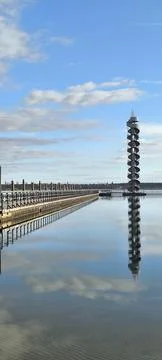 The Goitzsche See tower against a backdrop of natural beauty. Stock Photos