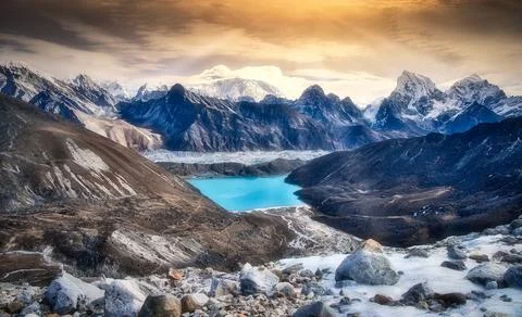 Gokyo Lake and Village - Bird's eye view from the pass Stock Photos