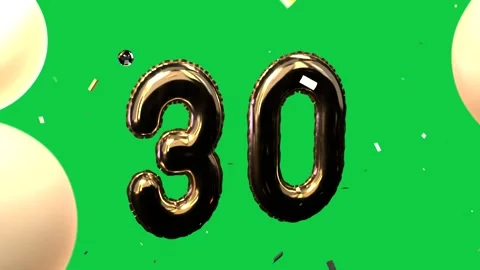 Gold 30 balloons floating center on transparent black as lights enter, rotating, Vídeos de archivo 346156751