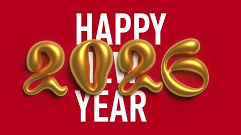Gold 3D 2026 falling on red. White text Happy New Year Stock Footage 325059605