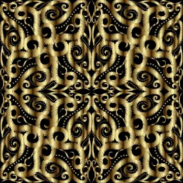 Gold 3d arabesque seamless pattern. Tapestry textured vector background. Repe 스톡 일러스트