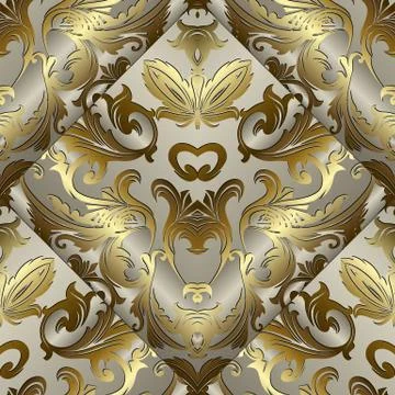 Gold 3d Baroque seamless pattern. Vector antique golden background. Vintage r イラスト素材