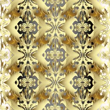 Gold 3d Baroque seamless pattern. Vector golden floral background. Tiled surf 스톡 일러스트