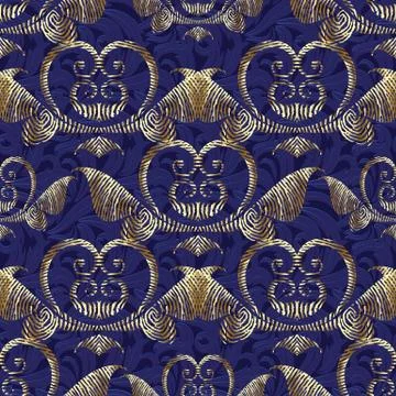 Gold 3d Baroque seamless pattern. Vector patterned tapestry floral leafy back Illustrazione stock