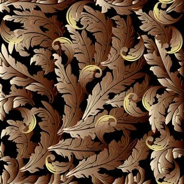 Gold 3d Baroque vector seamless pattern. Floral leafy background. Antique gol 스톡 일러스트