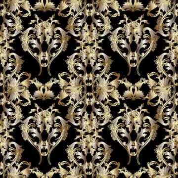 Gold 3d Baroque vector seamless pattern. Floral vintage damask b 스톡 일러스트