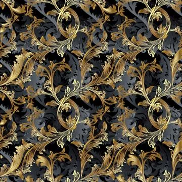 Gold 3d Baroque vector seamless pattern. Floral vintage damask b Stock Illustration
