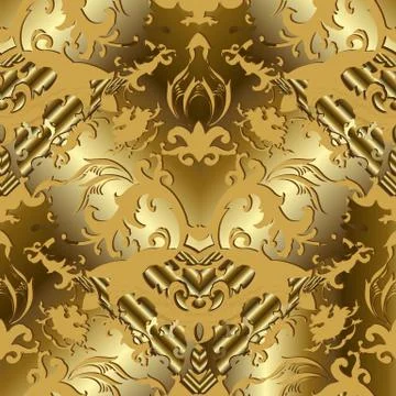 Gold 3d Baroque vector seamless pattern. Stock Illustration