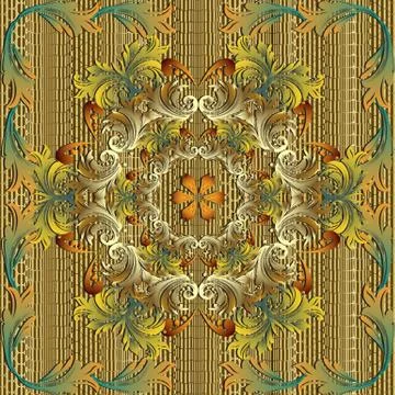 Gold 3d Baroque vector seamless mandala pattern. 스톡 일러스트