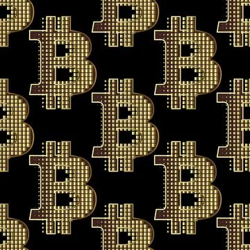 Gold 3d Bitcoins seamless pattern. Vector surface golden background. Repeat h Stock Illustration