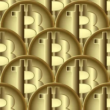 Gold 3d Bitcoins seamless pattern. Vector surface golden background. Ornate r Stock Illustration